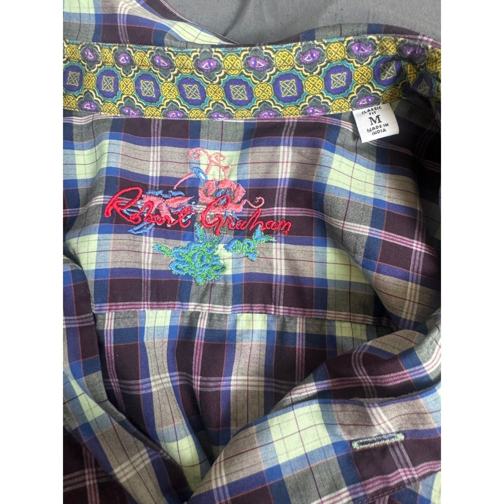 Robert Graham Mens Classic Fit Plaid Button Down Shirt Purple Lime Green Size M - Picture 14 of 14